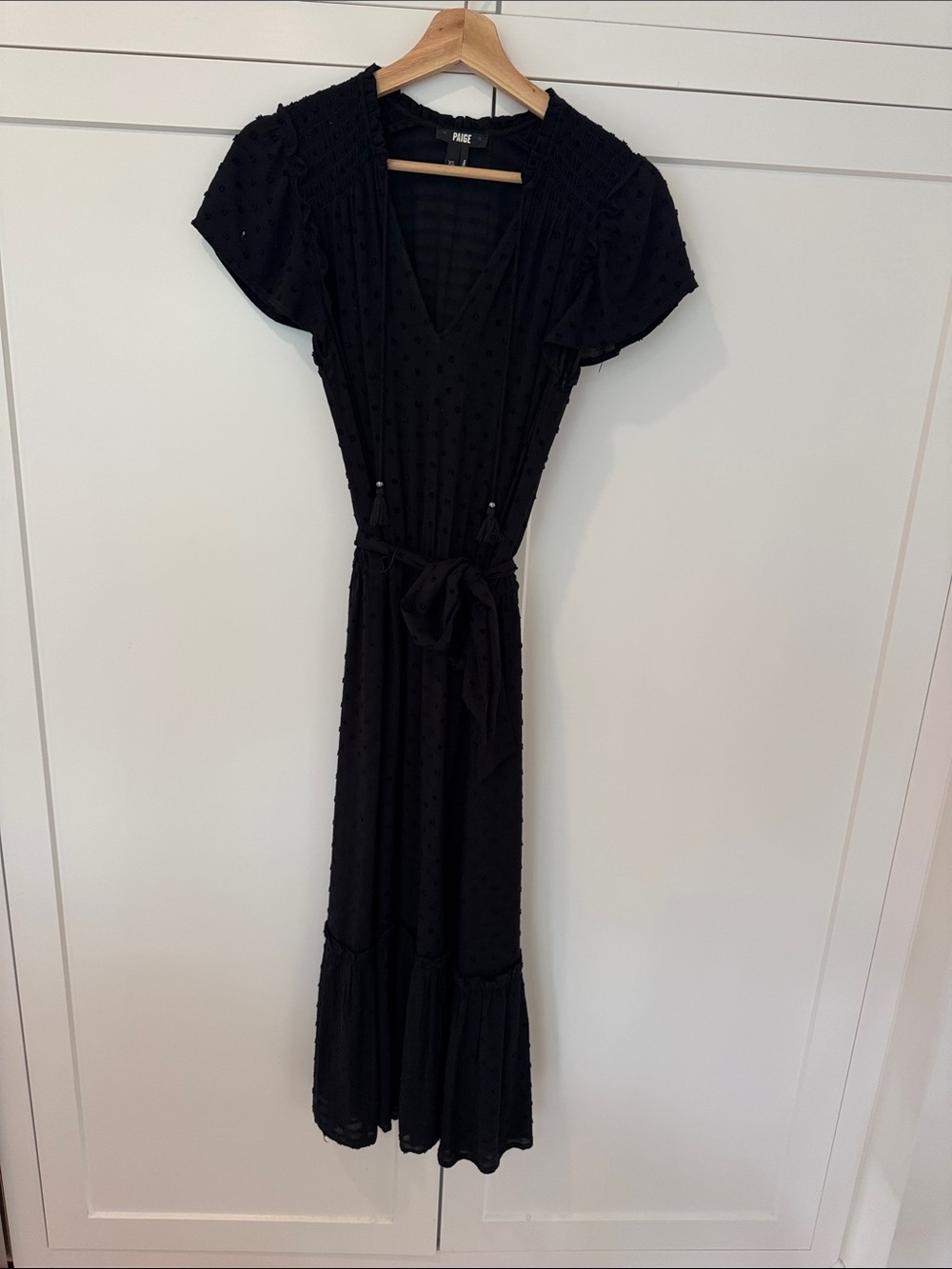 PAIGE Black Textured Maxi Dress with Flutter Sleeves and Tie Waist